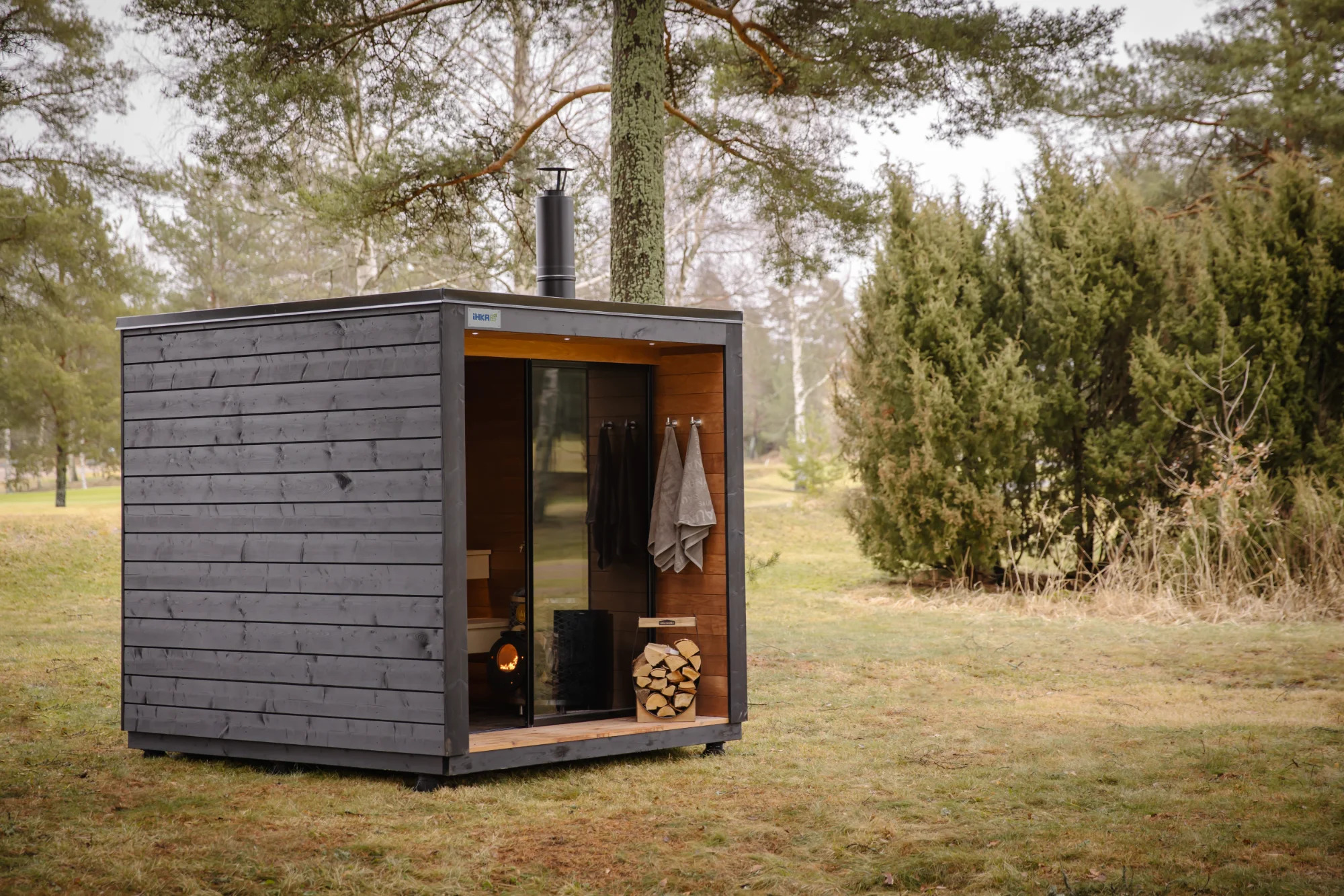 Forest setting with wood burning stove