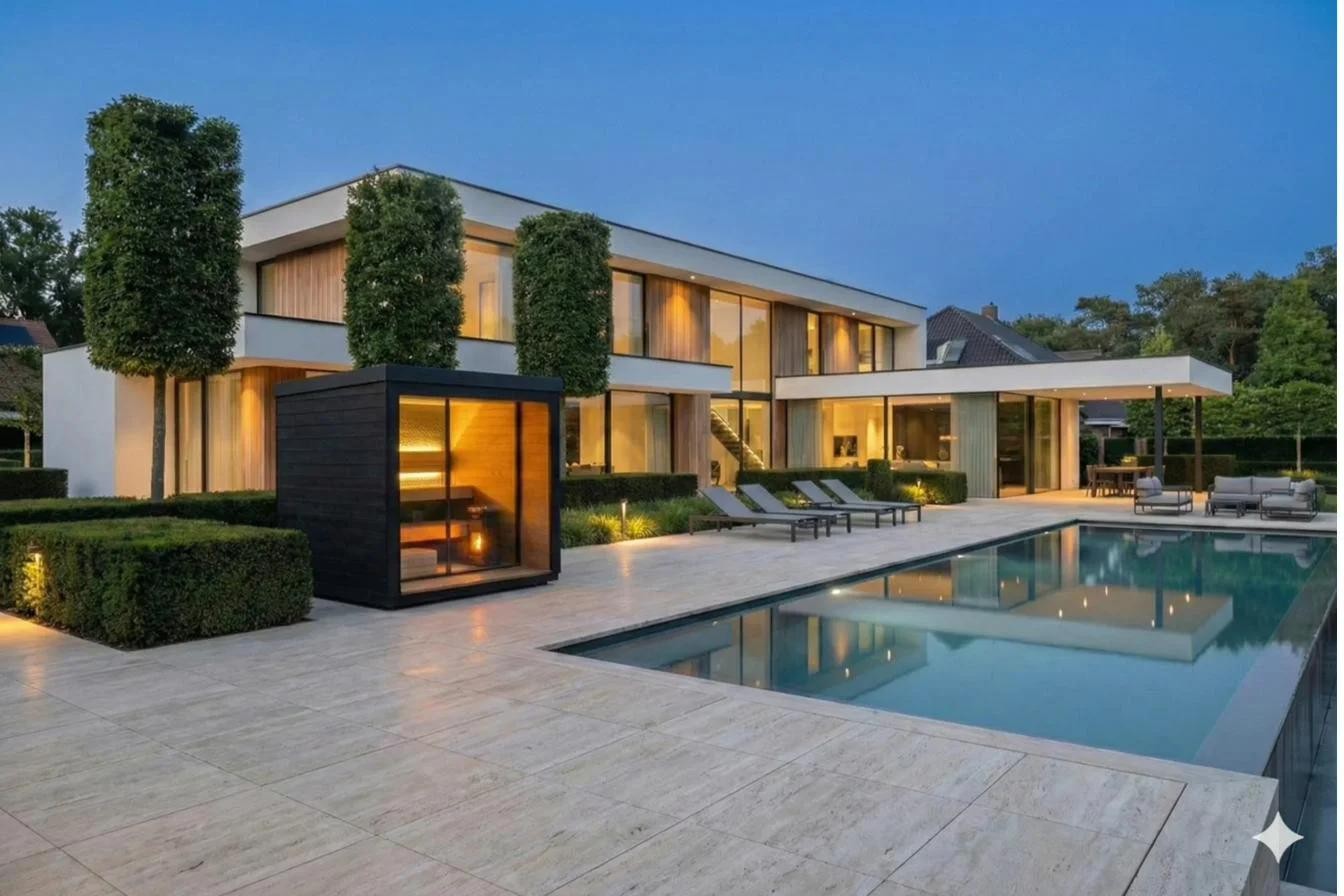 Modern mansion pool evening